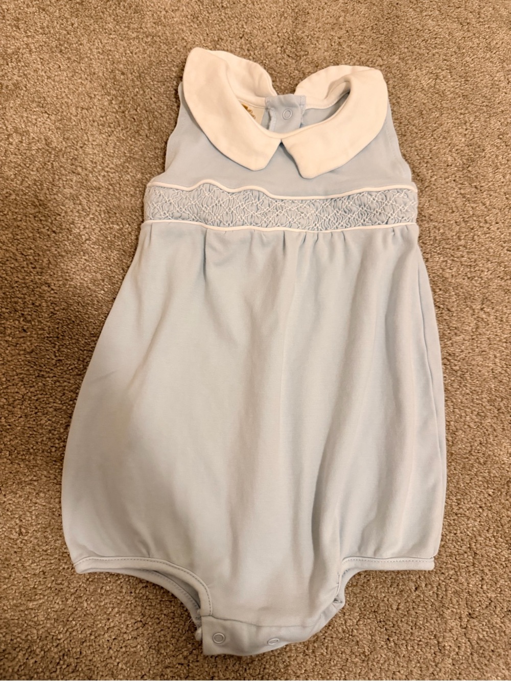 The Beaufort Bonnet Company Light Blue and White Smocked Baby One-Piece